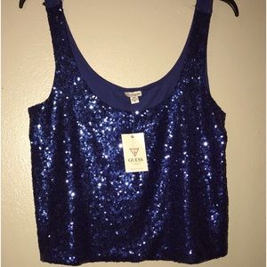 GUESS Blue Sequins Crop Tank